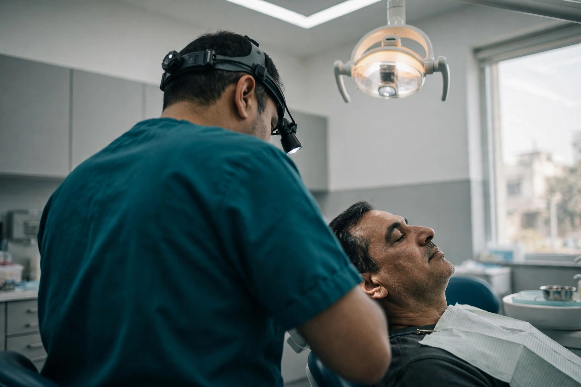 An oral examination in progress at OraMax Clinic — the surgeon, wearing a headlamp, examines a patient in the dental chair