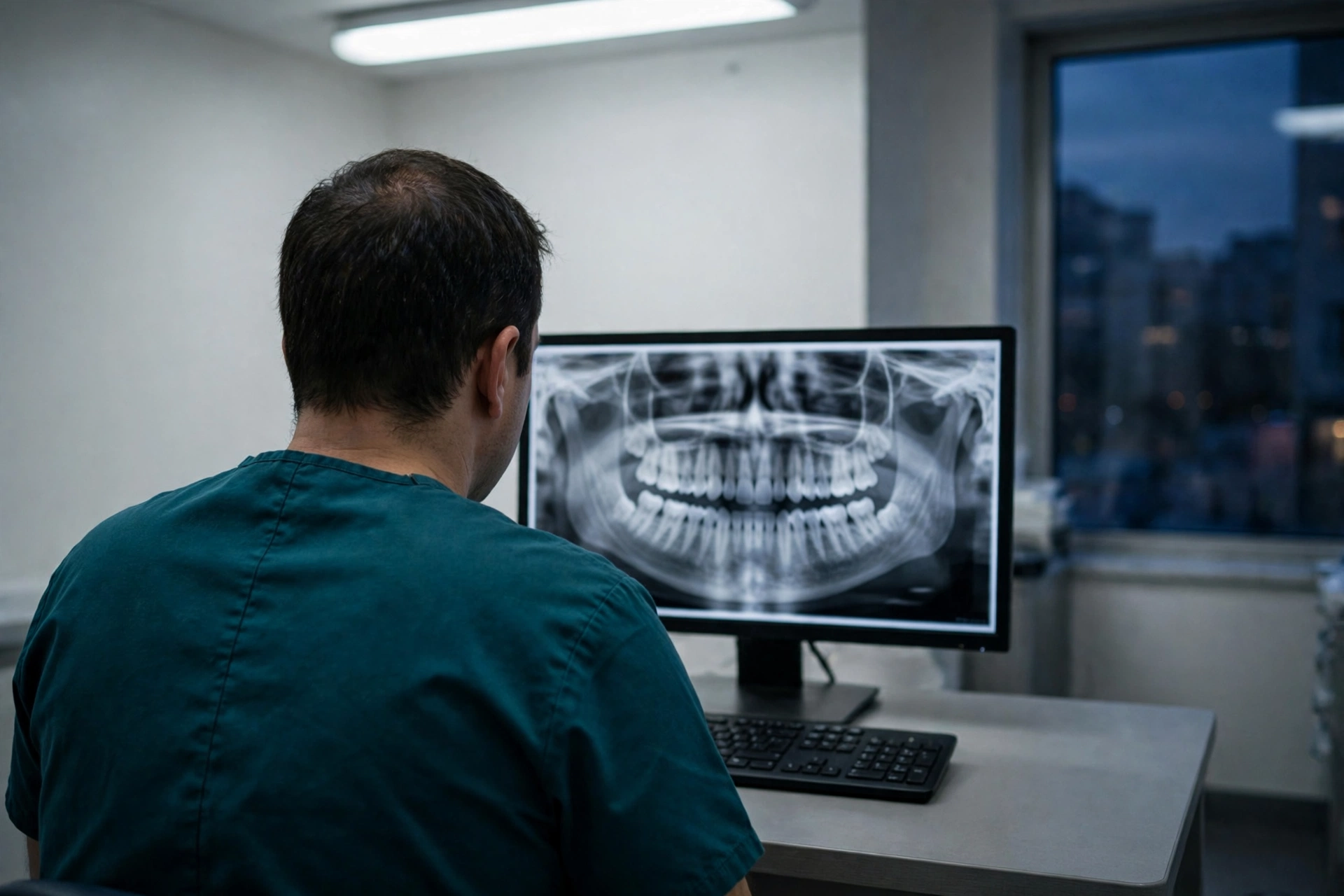 Reviewing a panoramic jaw X-ray at the desk — treatment at OraMax is planned from imaging