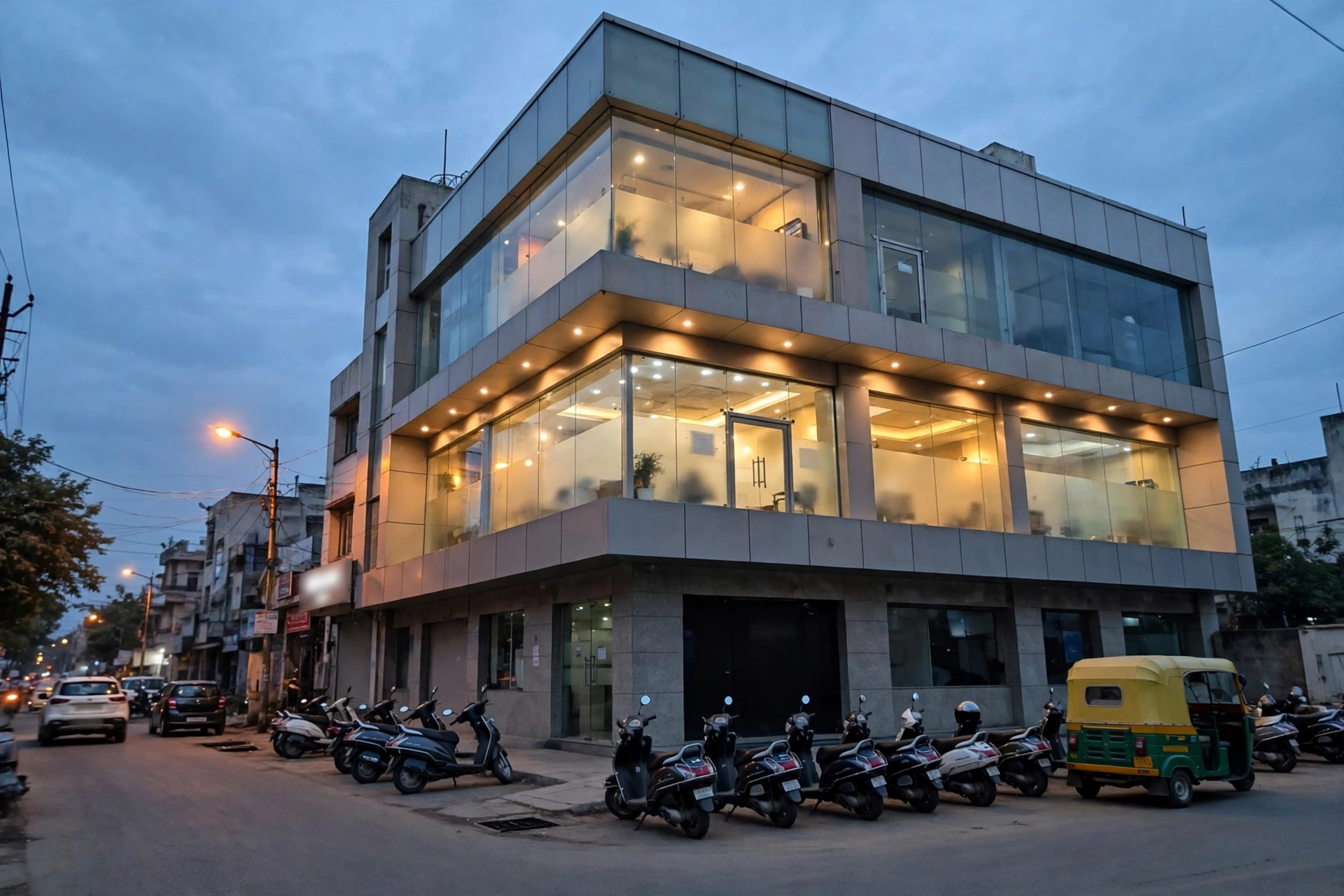 Satya Sai Square at dusk — the clinic is above HDFC Bank