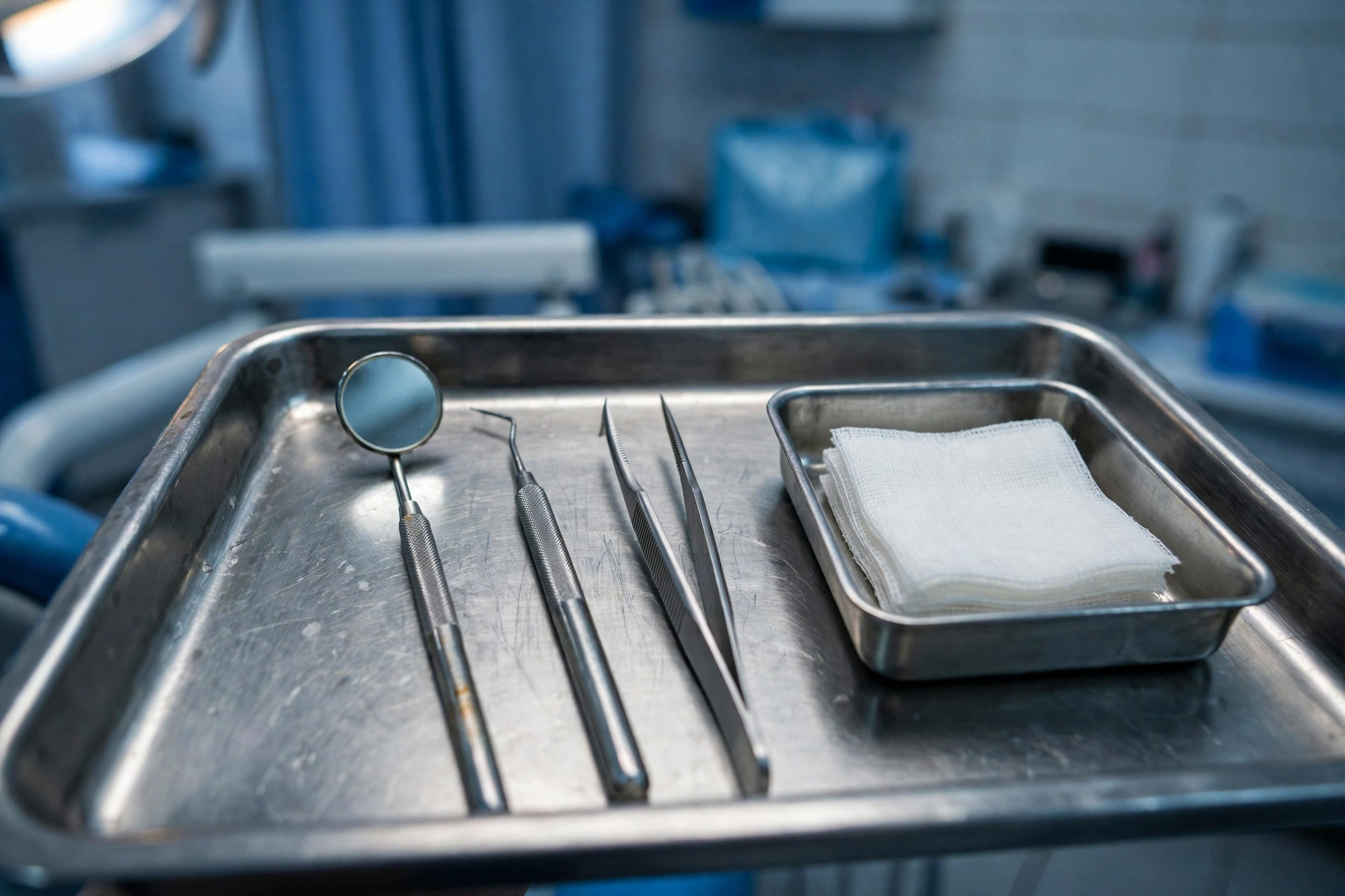 Examination instruments laid out on steel