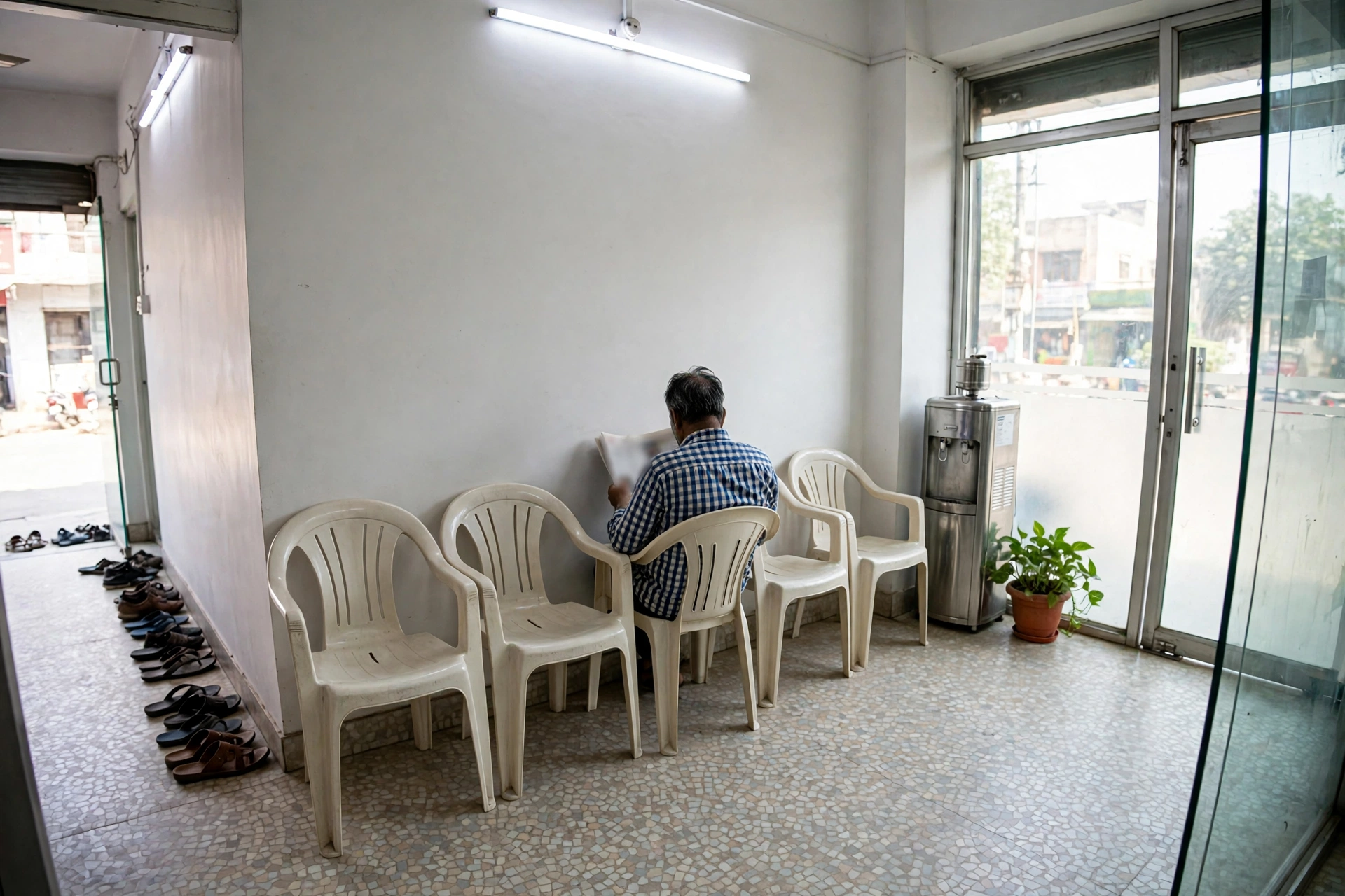A patient reading while he waits, shoes by the door