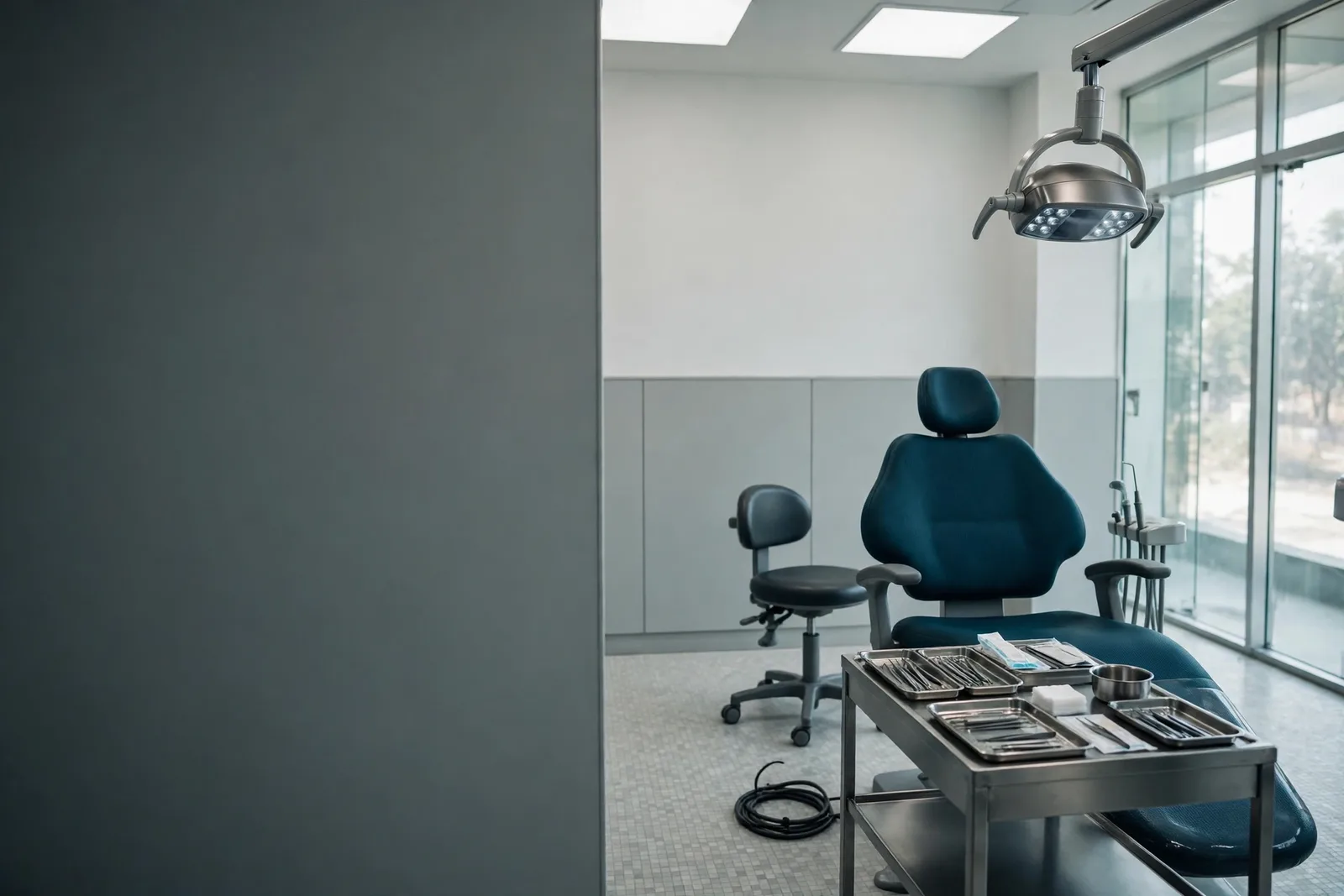 The surgery room at OraMax Clinic, Indore — a teal dental chair under the operating light, instruments laid out on a steel trolley