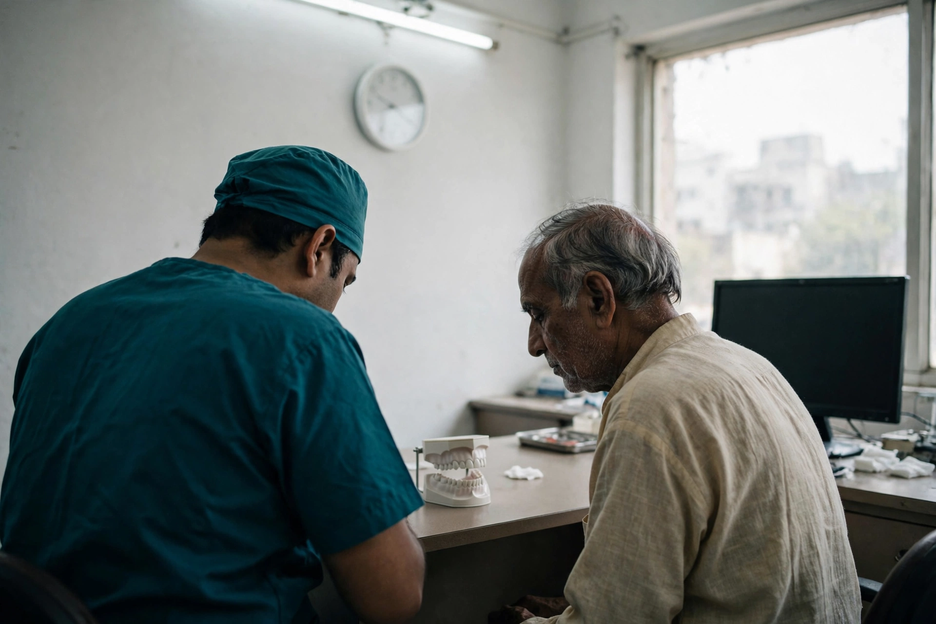 A consultation at OraMax — the surgeon explains a jaw model to a patient across the desk