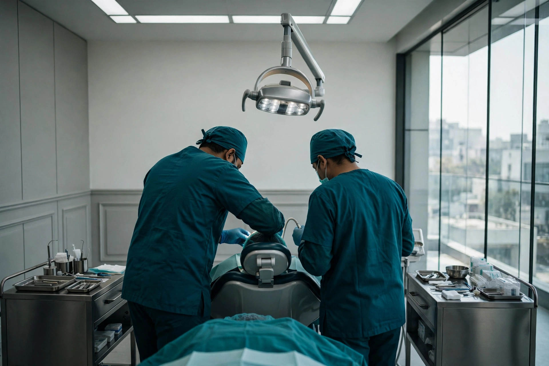 The surgical team at work around the dental chair at OraMax Clinic