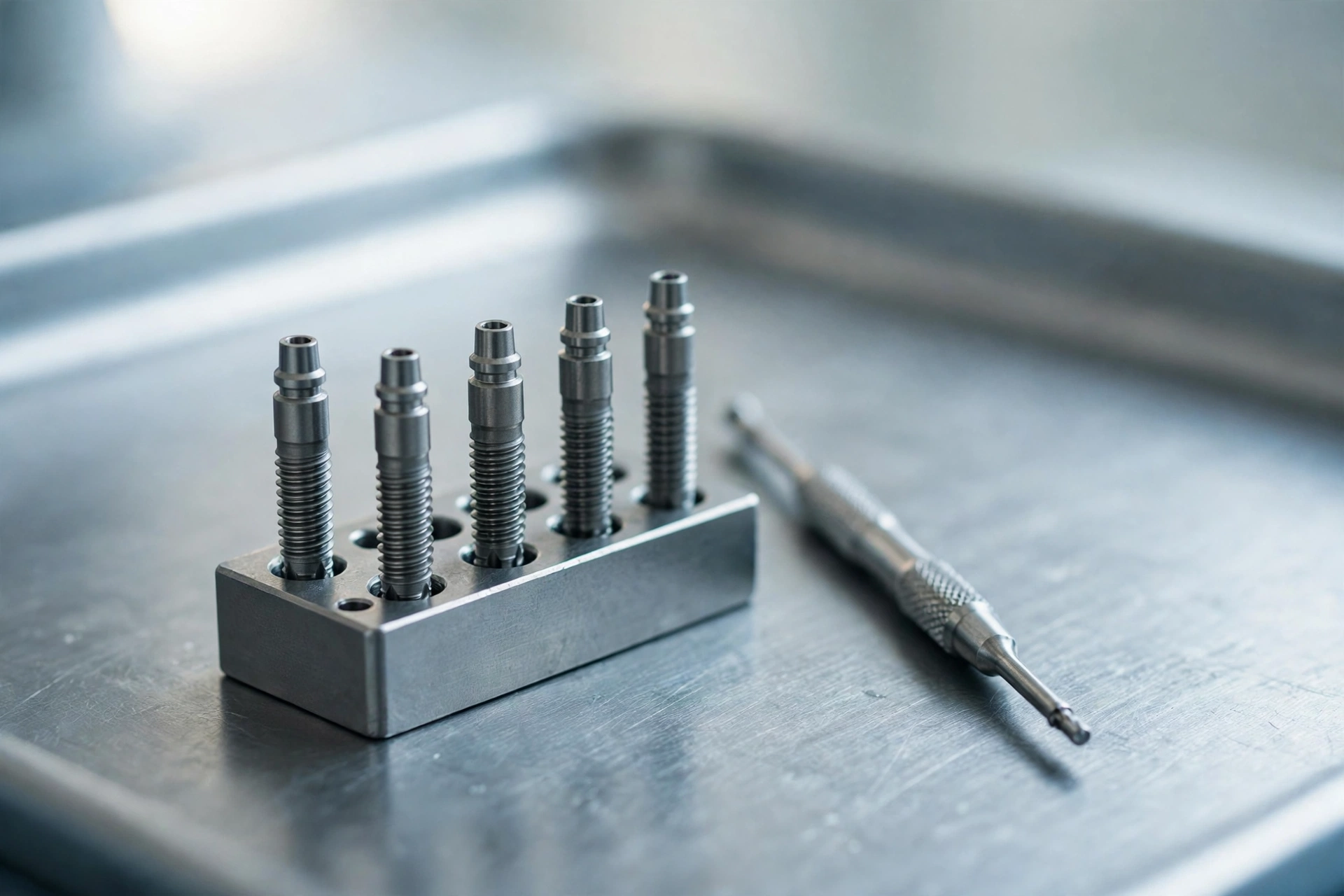 Titanium implant fixtures arranged on a steel tray, ready for surgery