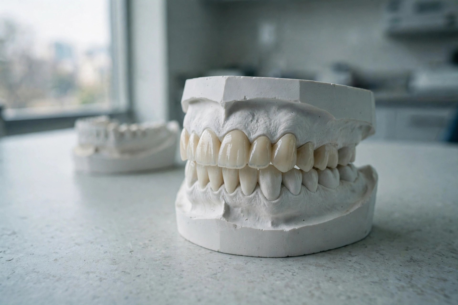A full set of ceramic teeth on a dental study model at OraMax Clinic