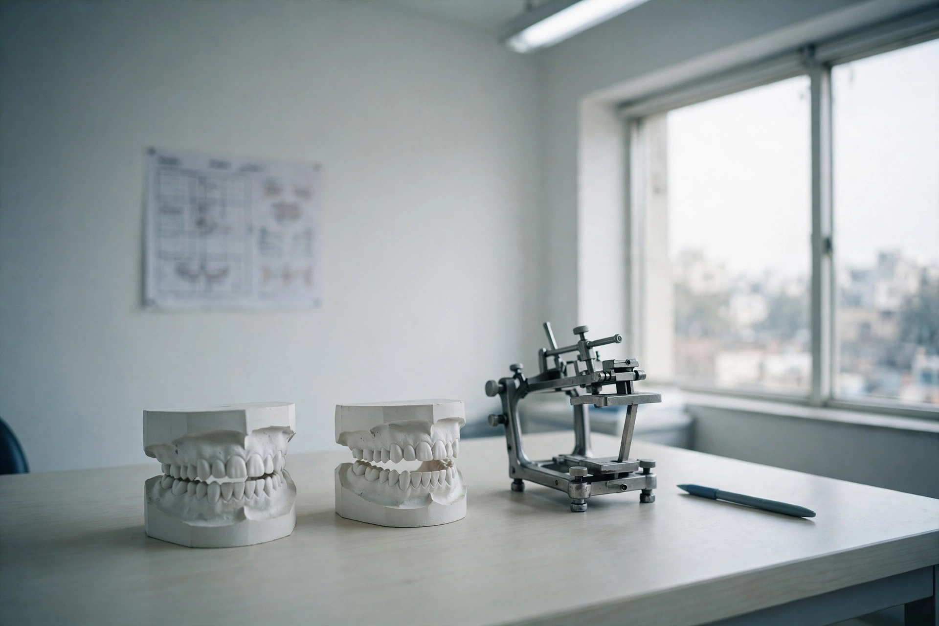 Study models and an articulator on the desk — a rehabilitation case being planned